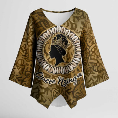 Queen Nzinga Kimono Sleeve Blouse Cowrie Crown Silhouette Royal Power - African Pride