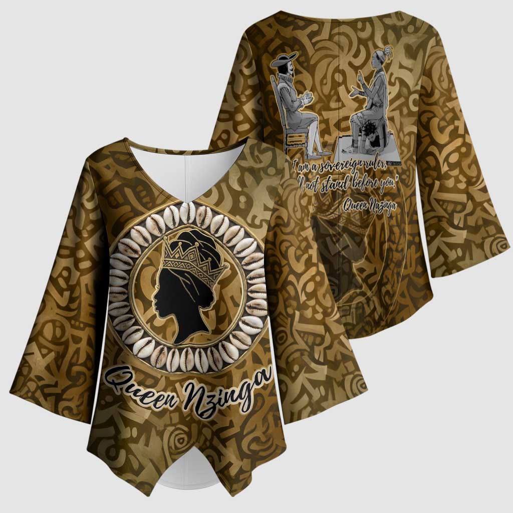 Queen Nzinga Kimono Sleeve Blouse Cowrie Crown Silhouette Royal Power - African Pride