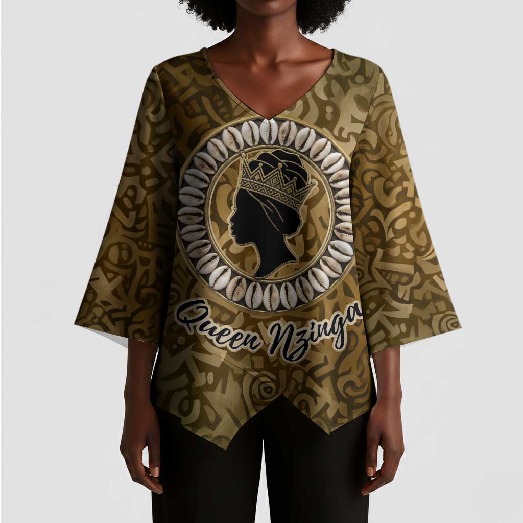 Queen Nzinga Kimono Sleeve Blouse Cowrie Crown Silhouette Royal Power - African Pride