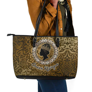 Queen Nzinga Leather Tote Bag Cowrie Crown Silhouette Royal Power - African Pride