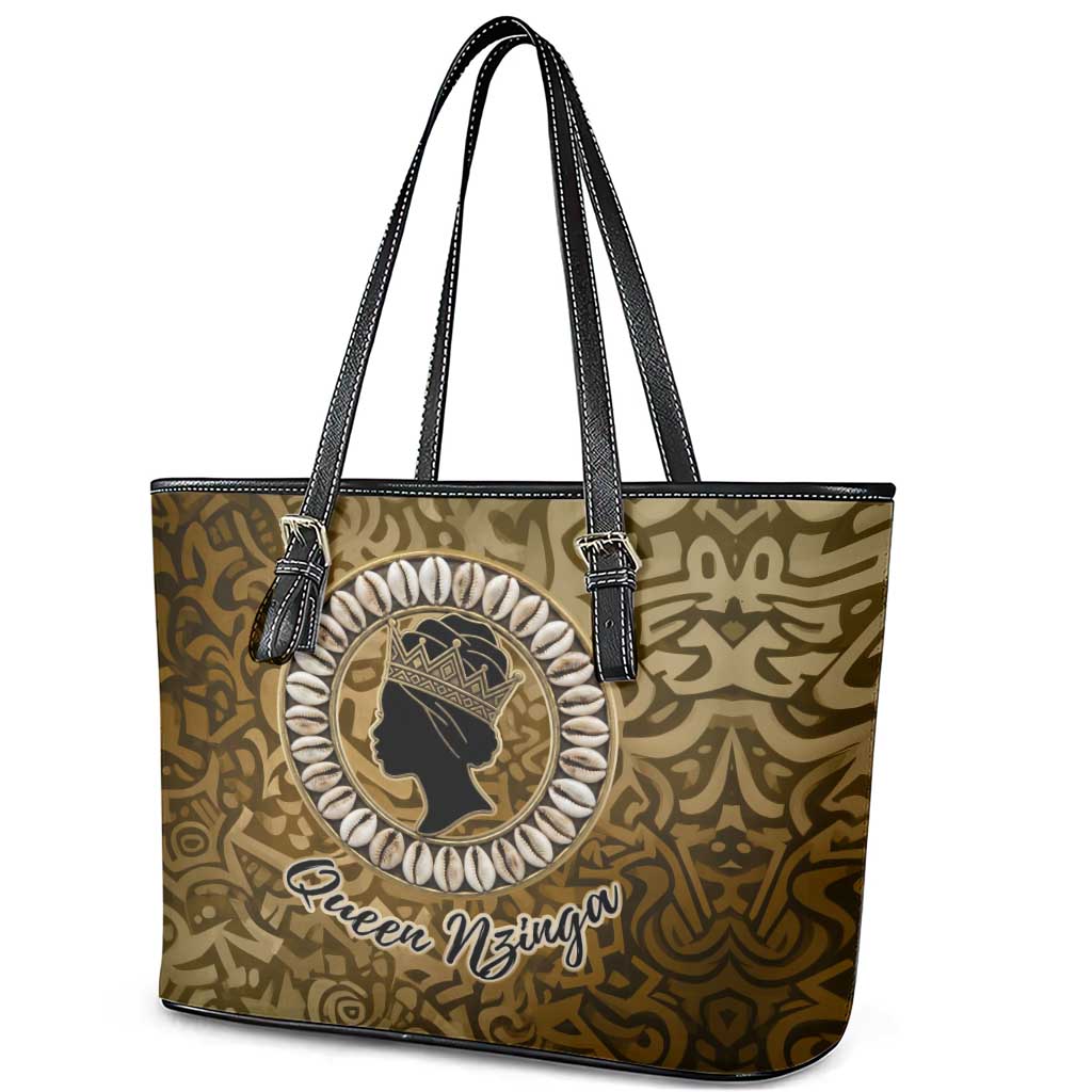 Queen Nzinga Leather Tote Bag Cowrie Crown Silhouette Royal Power - African Pride