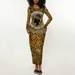 Queen Nzinga Long Sleeve Bodycon Dress Cowrie Crown Silhouette Royal Power - African Pride