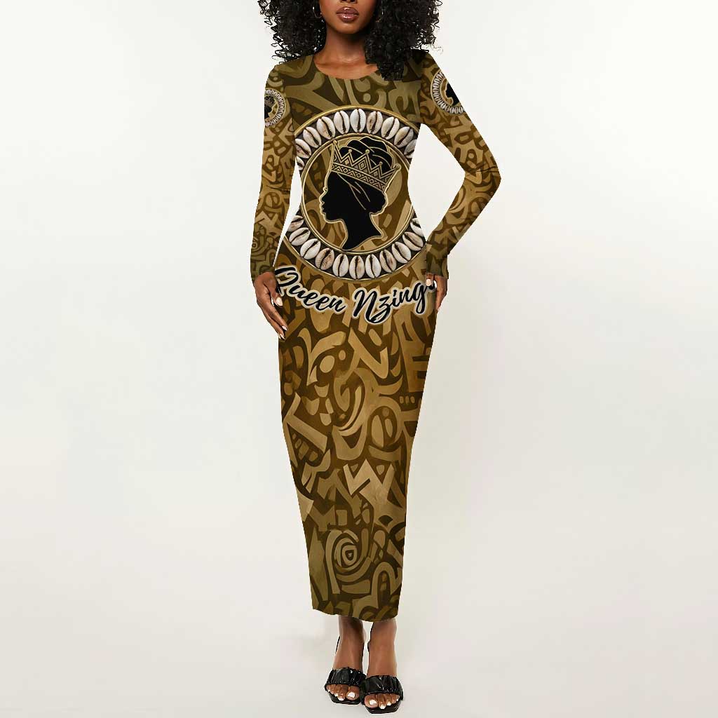 Queen Nzinga Long Sleeve Bodycon Dress Cowrie Crown Silhouette Royal Power - African Pride
