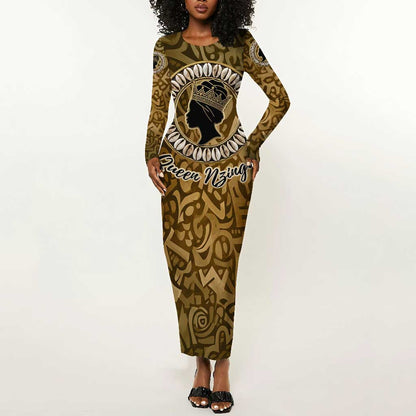 Queen Nzinga Long Sleeve Bodycon Dress Cowrie Crown Silhouette Royal Power - African Pride