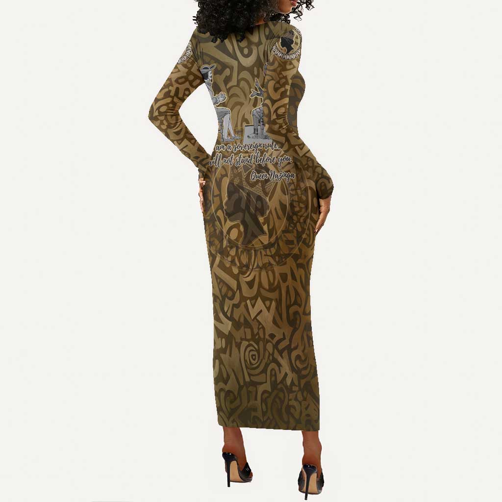Queen Nzinga Long Sleeve Bodycon Dress Cowrie Crown Silhouette Royal Power - African Pride