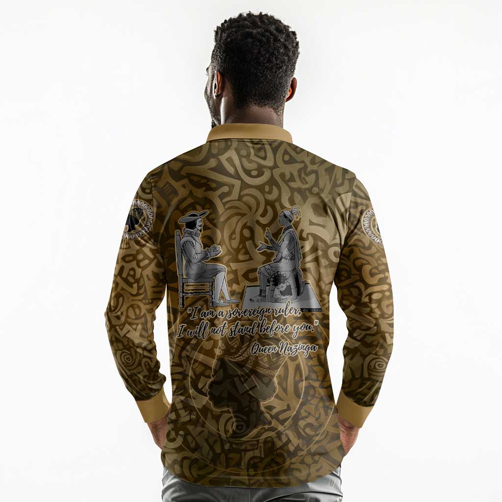 Queen Nzinga Long Sleeve Polo Shirt Cowrie Crown Silhouette Royal Power - African Pride