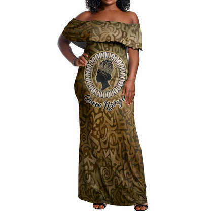Queen Nzinga Off Shoulder Maxi Dress Cowrie Crown Silhouette Royal Power - African Pride