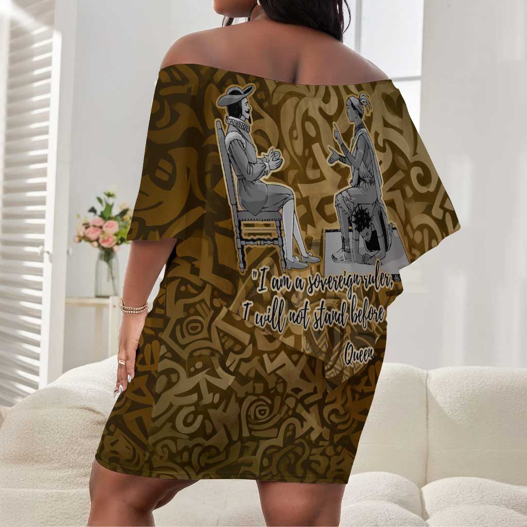 Queen Nzinga Off Shoulder Short Dress Cowrie Crown Silhouette Royal Power - African Pride