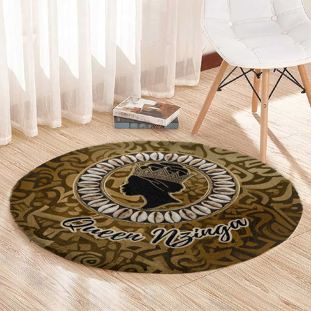 Queen Nzinga Round Carpet Cowrie Crown Silhouette Royal Power - African Pride