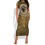 Queen Nzinga Short Sleeve Bodycon Dress Cowrie Crown Silhouette Royal Power - African Pride