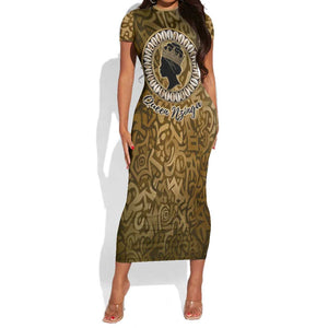 Queen Nzinga Short Sleeve Bodycon Dress Cowrie Crown Silhouette Royal Power - African Pride