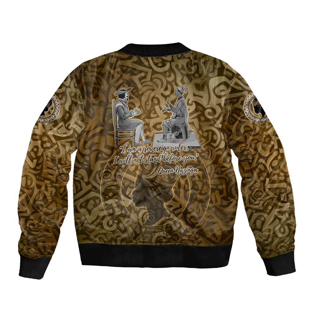 Queen Nzinga Sleeve Zip Bomber Jacket Cowrie Crown Silhouette Royal Power - African Pride