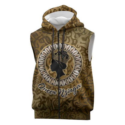 Queen Nzinga Sleeveless Zip Hoodie Cowrie Crown Silhouette Royal Power - African Pride