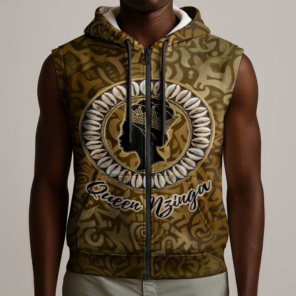 Queen Nzinga Sleeveless Zip Hoodie Cowrie Crown Silhouette Royal Power - African Pride