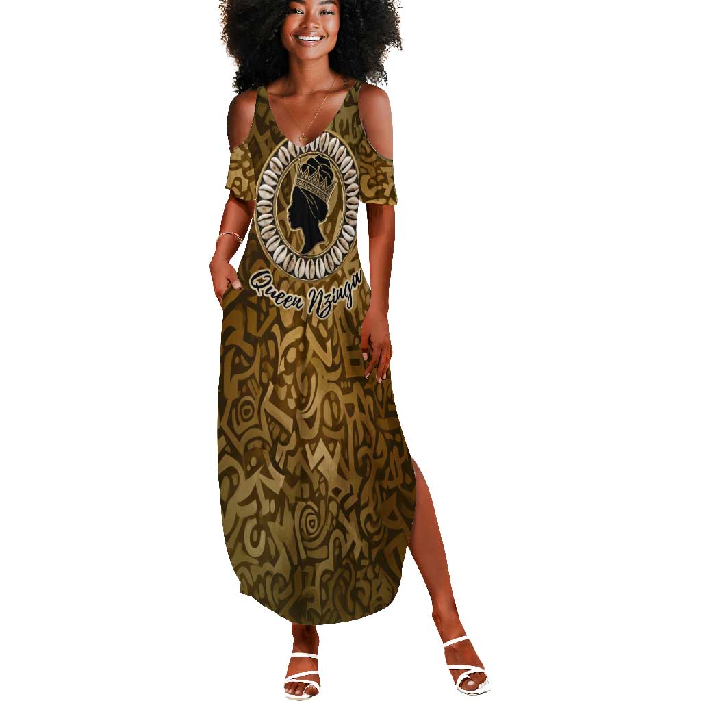 Queen Nzinga Summer Maxi Dress Cowrie Crown Silhouette Royal Power - African Pride