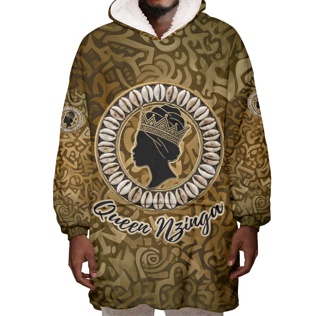 Queen Nzinga Wearable Blanket Hoodie Cowrie Crown Silhouette Royal Power - African Pride