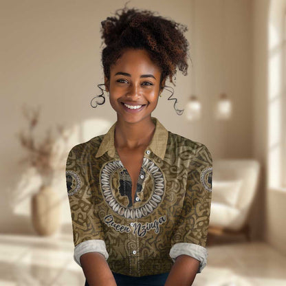 Queen Nzinga Women Casual Shirt Cowrie Crown Silhouette Royal Power - African Pride