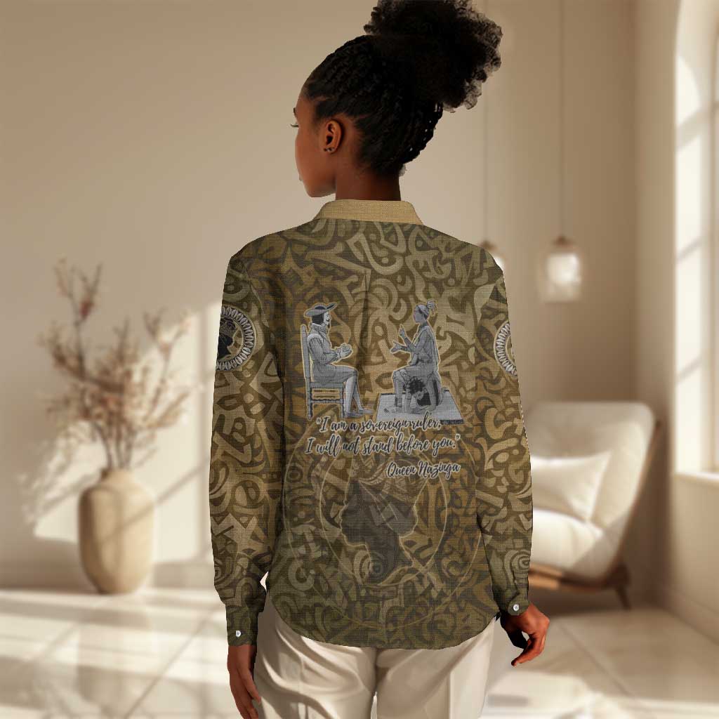 Queen Nzinga Women Casual Shirt Cowrie Crown Silhouette Royal Power - African Pride