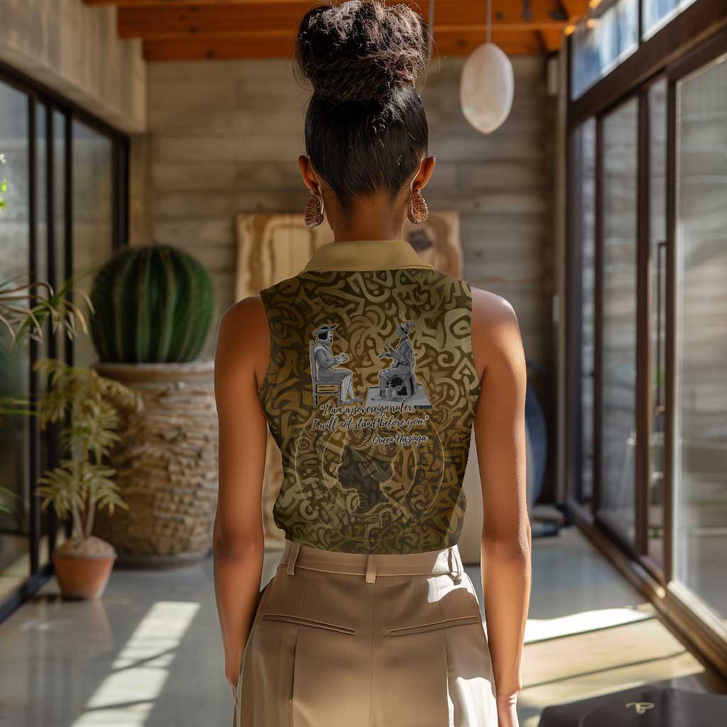 Queen Nzinga Women Sleeveless Polo Shirt Cowrie Crown Silhouette Royal Power - African Pride