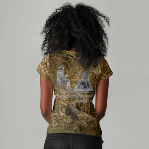 Queen Nzinga Women V-Neck T-Shirt Cowrie Crown Silhouette Royal Power - African Pride
