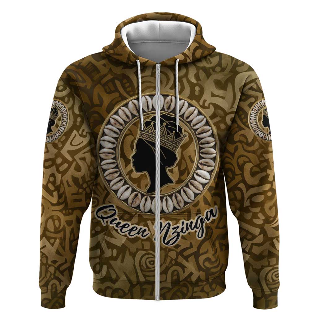 Queen Nzinga Zip Hoodie Cowrie Crown Silhouette Royal Power - African Pride