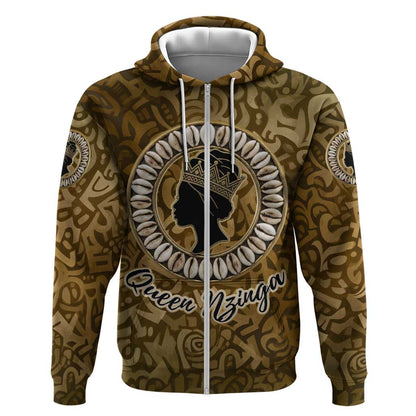 Queen Nzinga Zip Hoodie Cowrie Crown Silhouette Royal Power - African Pride