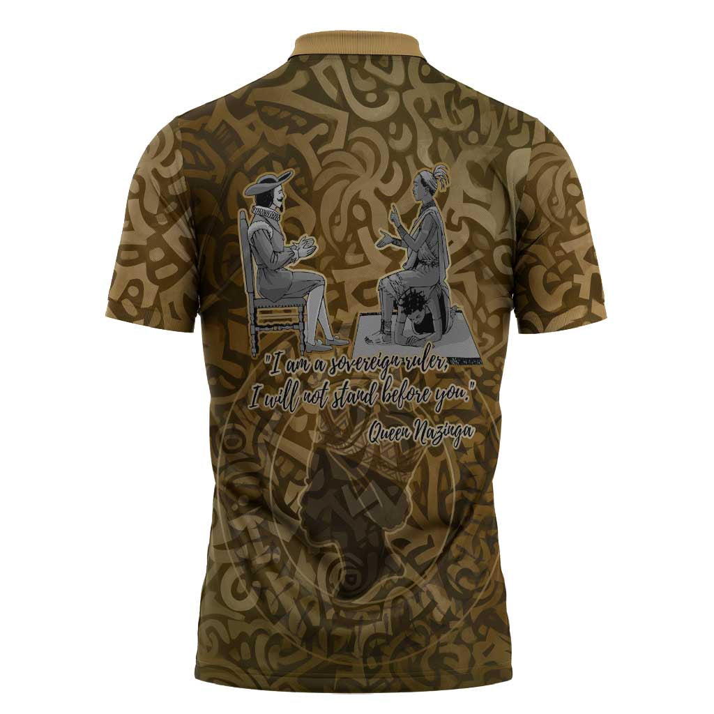 Queen Nzinga Zipper Polo Shirt Cowrie Crown Silhouette Royal Power - African Pride
