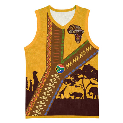 South Africa Flag Basketball Jersey Tribal Africa Heritage - Wildlife Silhouettes in Earthy - African Pride