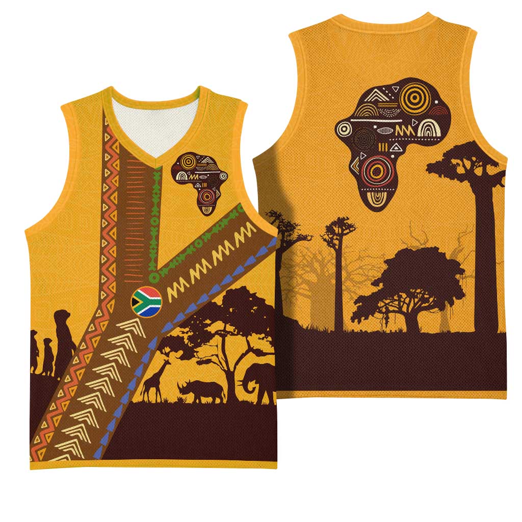 South Africa Flag Basketball Jersey Tribal Africa Heritage - Wildlife Silhouettes in Earthy - African Pride