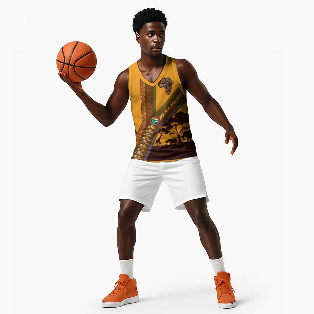 South Africa Flag Basketball Jersey Tribal Africa Heritage - Wildlife Silhouettes in Earthy - African Pride