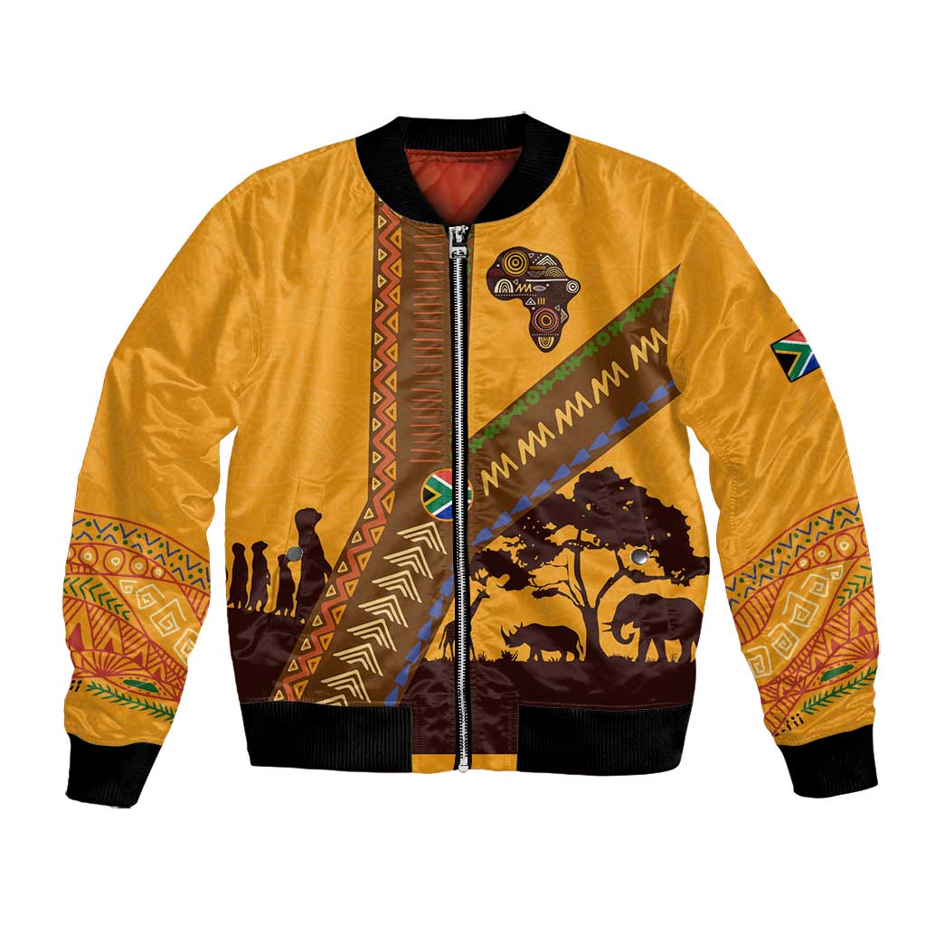 South Africa Flag Bomber Jacket Tribal Africa Heritage - Wildlife Silhouettes in Earthy