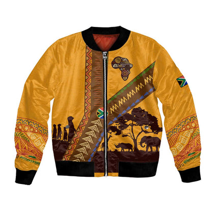 South Africa Flag Bomber Jacket Tribal Africa Heritage - Wildlife Silhouettes in Earthy