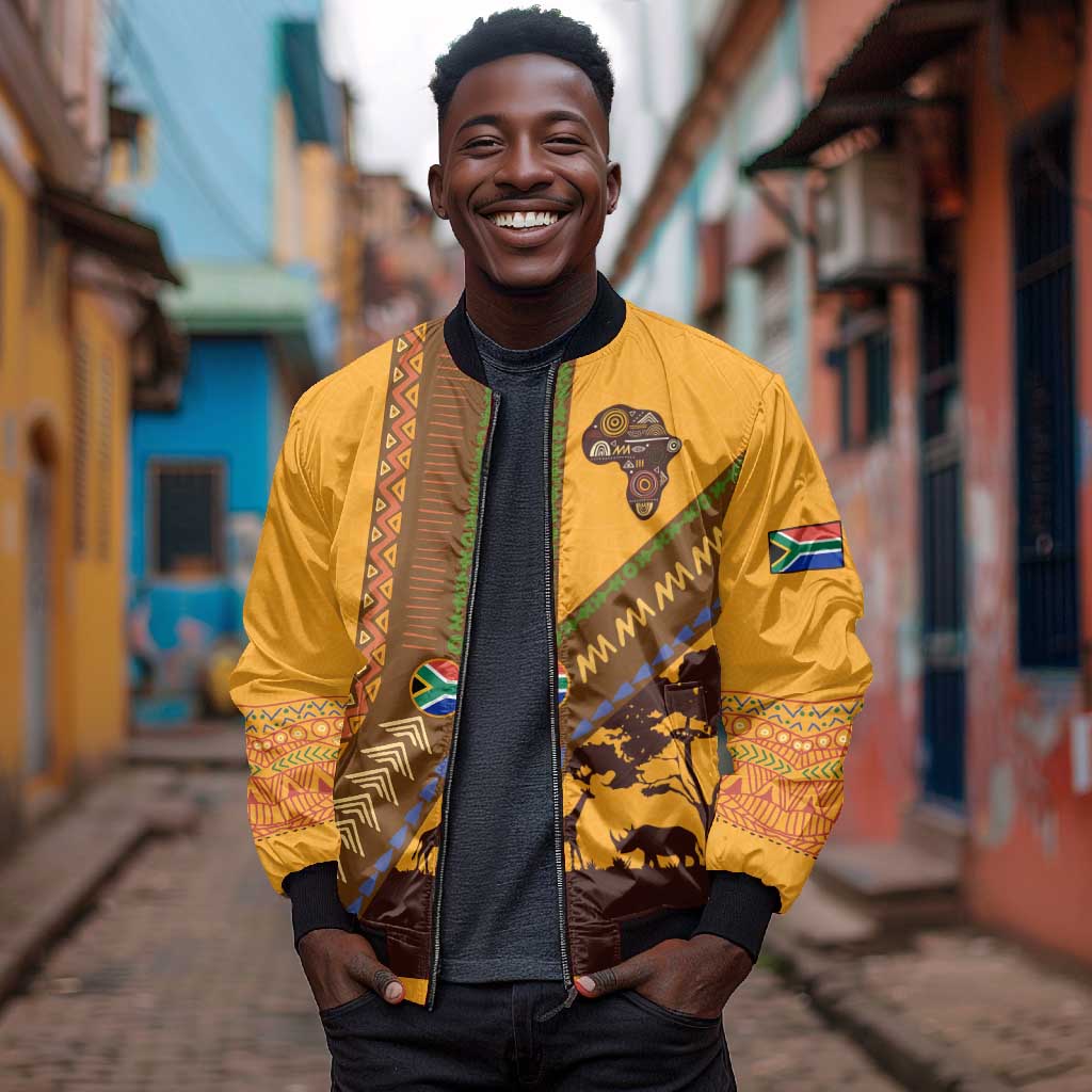 South Africa Flag Bomber Jacket Tribal Africa Heritage - Wildlife Silhouettes in Earthy