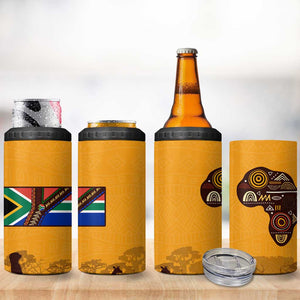 South Africa Flag 4 in 1 Can Cooler Tumbler Tribal Africa Heritage - Wildlife Silhouettes in Earthy