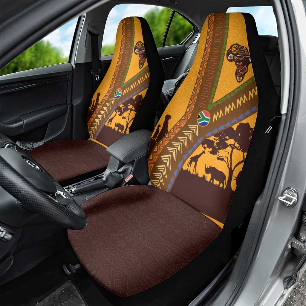 South Africa Flag Car Seat Cover Tribal Africa Heritage - Wildlife Silhouettes in Earthy