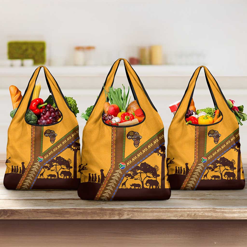 South Africa Flag Grocery Bag Tribal Africa Heritage - Wildlife Silhouettes in Earthy