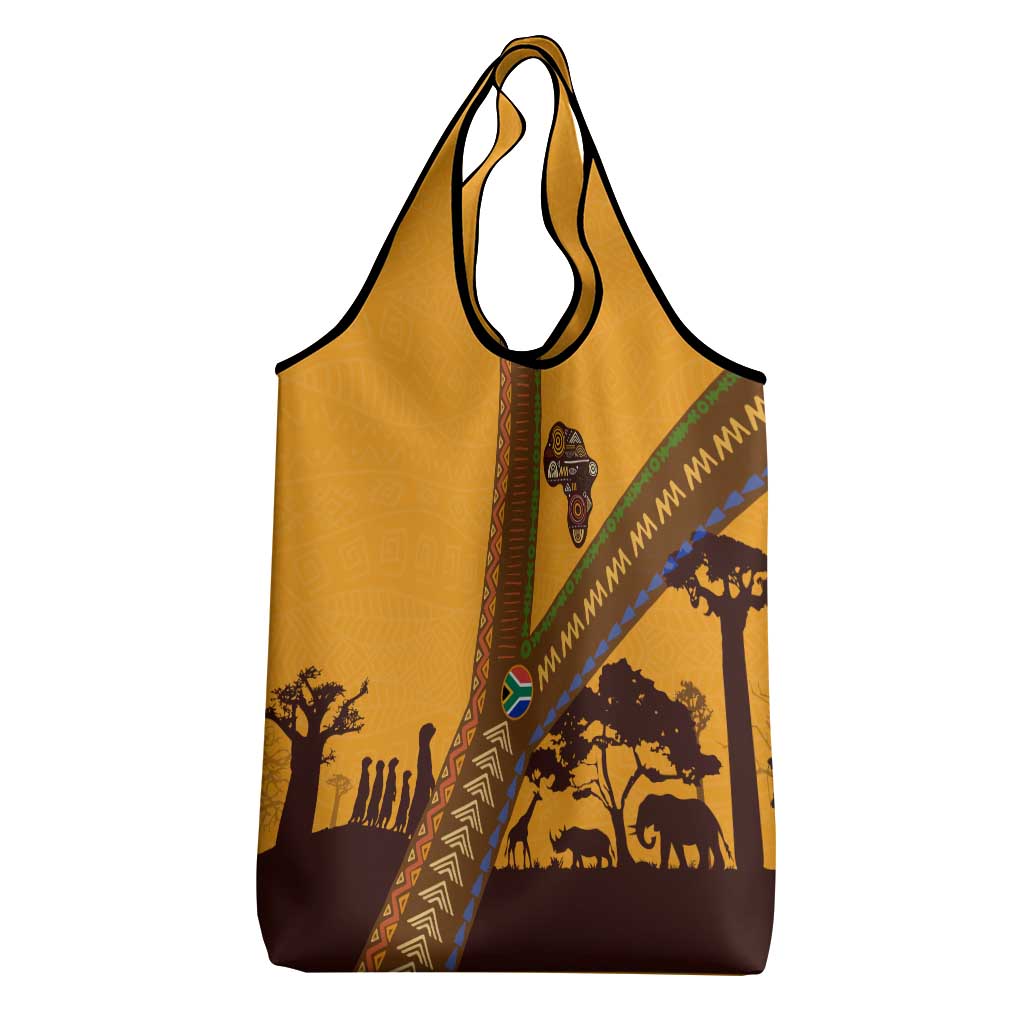 South Africa Flag Grocery Bag Tribal Africa Heritage - Wildlife Silhouettes in Earthy