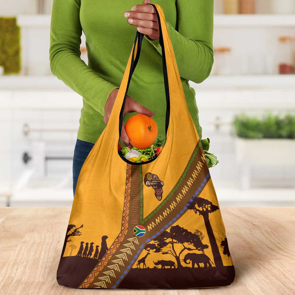 South Africa Flag Grocery Bag Tribal Africa Heritage - Wildlife Silhouettes in Earthy