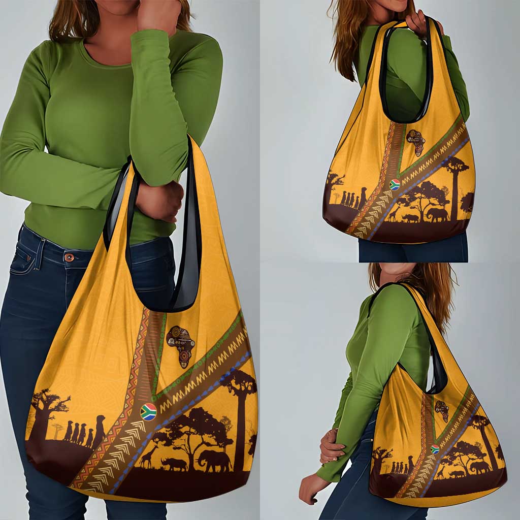 South Africa Flag Grocery Bag Tribal Africa Heritage - Wildlife Silhouettes in Earthy