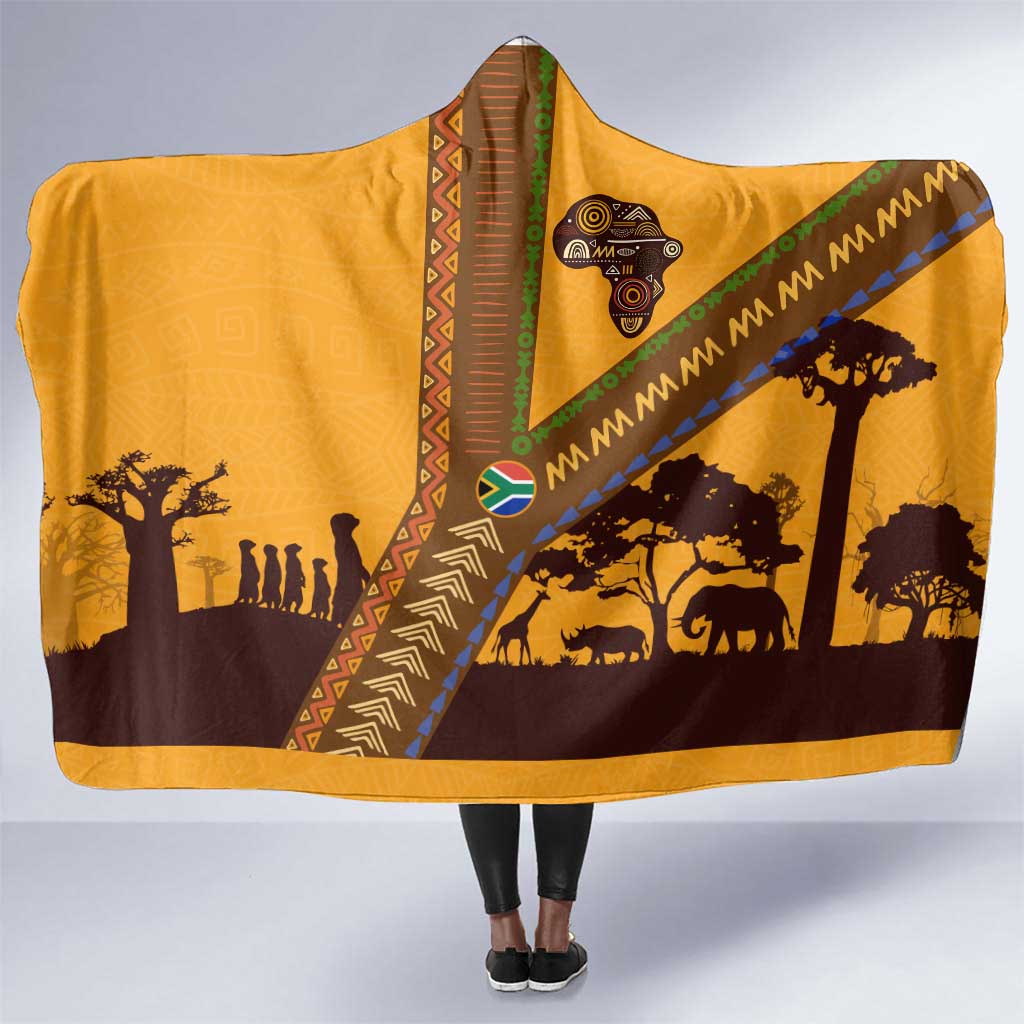 South Africa Flag Hooded Blanket Tribal Africa Heritage - Wildlife Silhouettes in Earthy