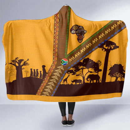 South Africa Flag Hooded Blanket Tribal Africa Heritage - Wildlife Silhouettes in Earthy