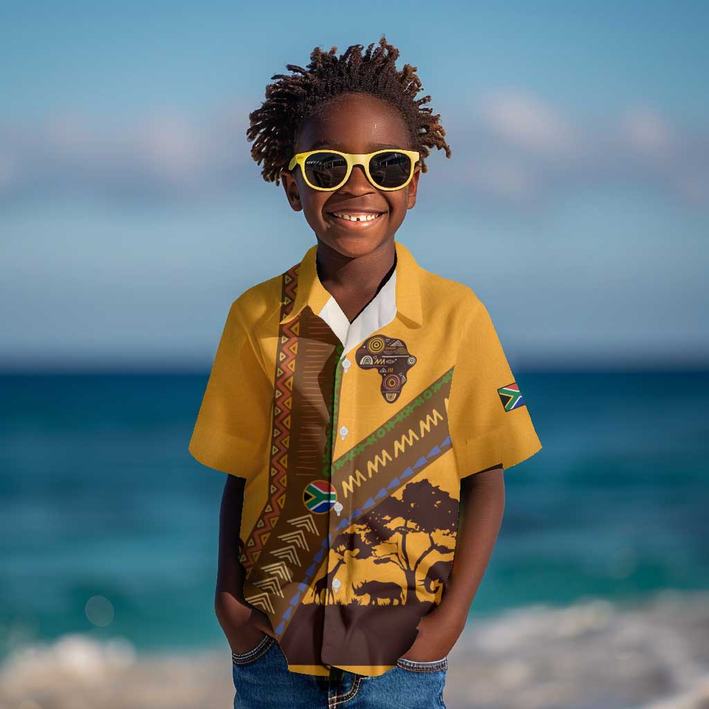 South Africa Flag Kid Hawaiian Shirt Tribal Africa Heritage - Wildlife Silhouettes in Earthy