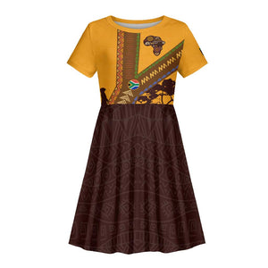 South Africa Flag Kid Short Sleeve Dress Tribal Africa Heritage - Wildlife Silhouettes in Earthy