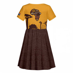 South Africa Flag Kid Short Sleeve Dress Tribal Africa Heritage - Wildlife Silhouettes in Earthy