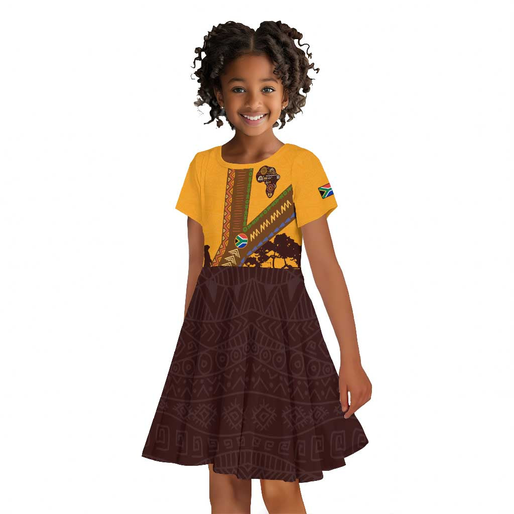 South Africa Flag Kid Short Sleeve Dress Tribal Africa Heritage - Wildlife Silhouettes in Earthy