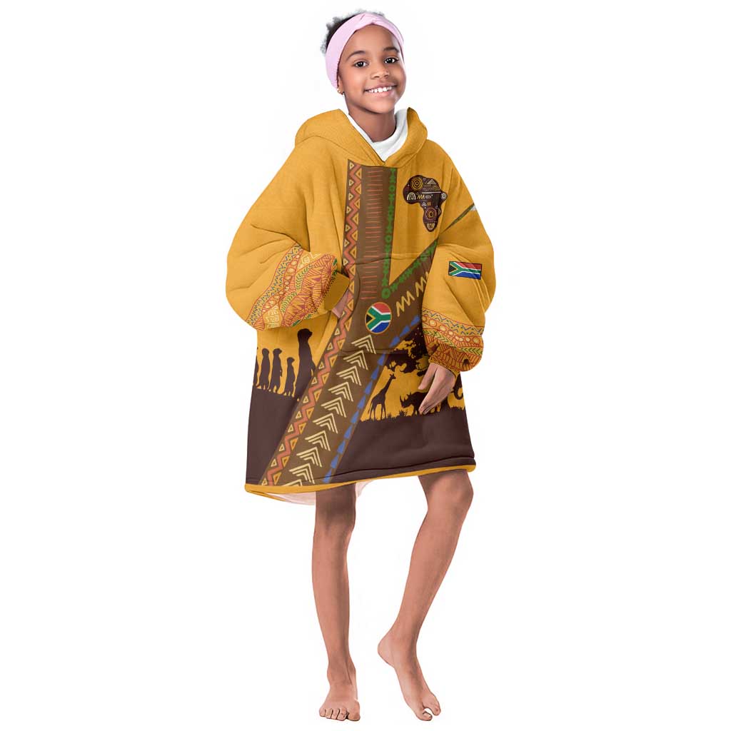 South Africa Flag Kid Wearable Blanket Hoodie Tribal Africa Heritage - Wildlife Silhouettes in Earthy