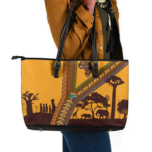 South Africa Flag Leather Tote Bag Tribal Africa Heritage - Wildlife Silhouettes in Earthy