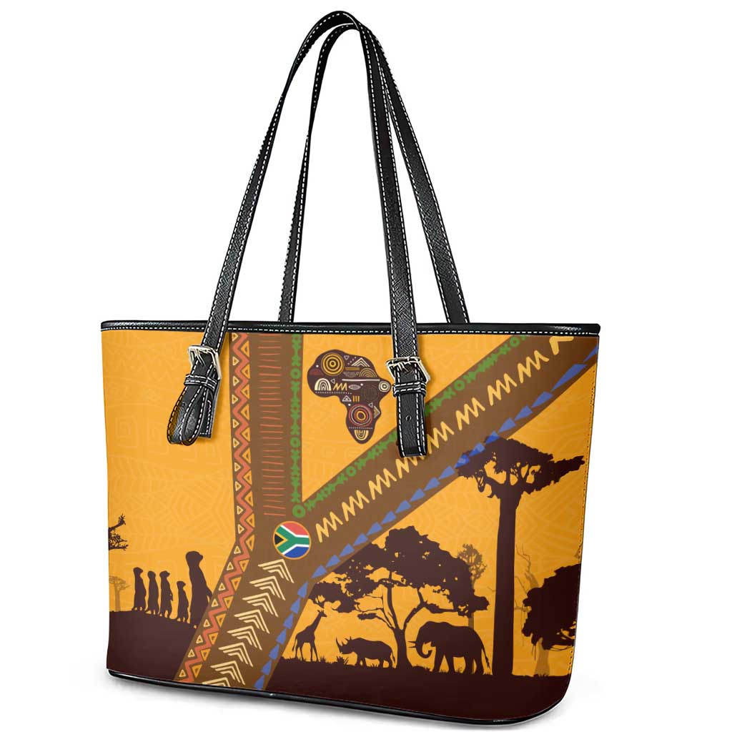 South Africa Flag Leather Tote Bag Tribal Africa Heritage - Wildlife Silhouettes in Earthy