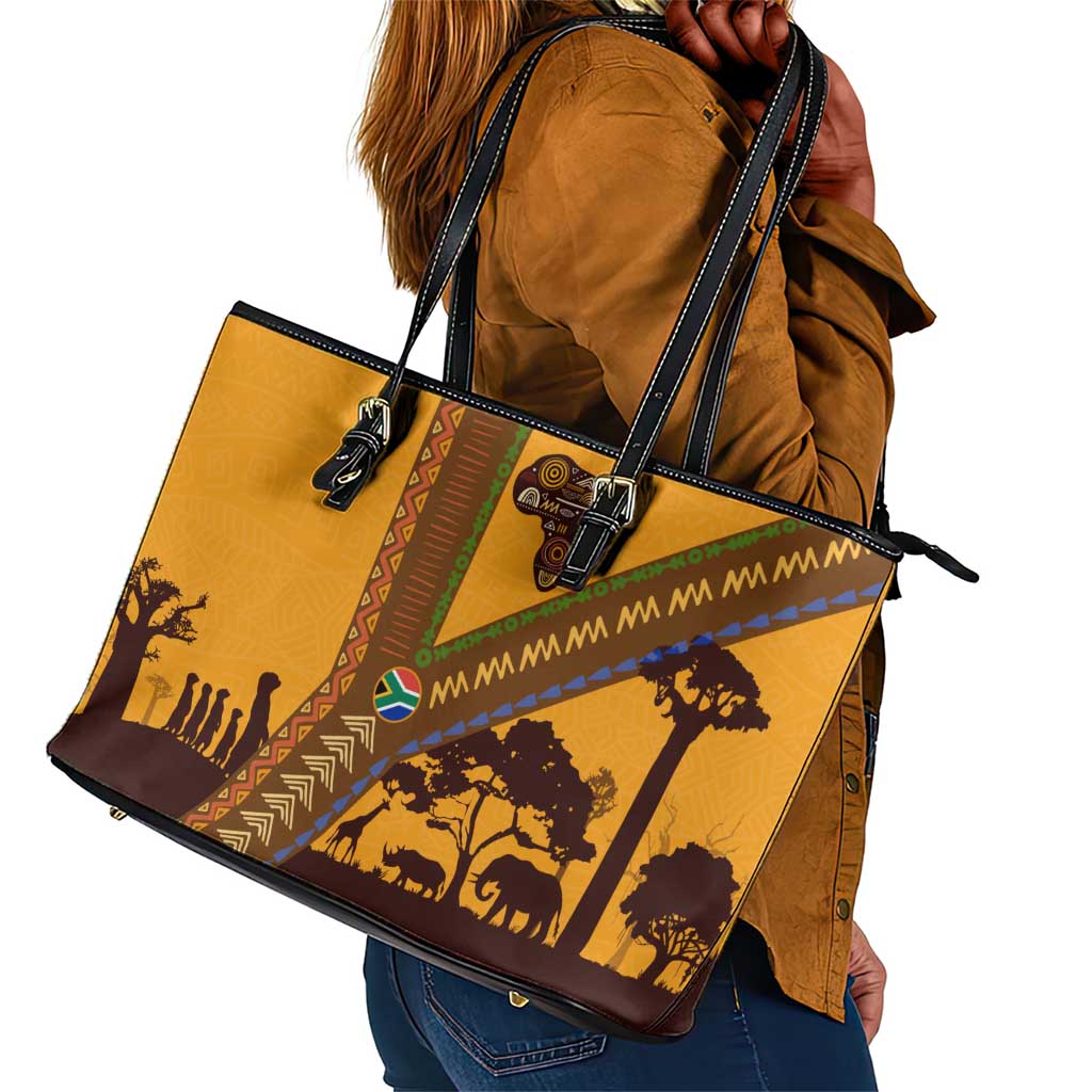 South Africa Flag Leather Tote Bag Tribal Africa Heritage - Wildlife Silhouettes in Earthy