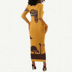 South Africa Flag Long Sleeve Bodycon Dress Tribal Africa Heritage - Wildlife Silhouettes in Earthy TS04